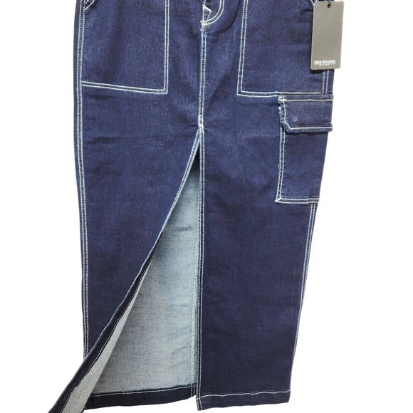 True Religion Womens Denim Cargo Maxi Skirt Size 28 Dark Wash Utility Pocket - Picture 6 of 10